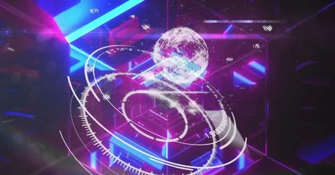 Image of globe on circles over illuminated looping hexagons tunnel in backg.. Stock Photos