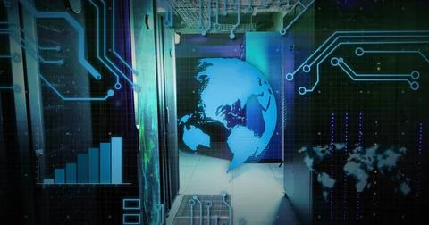 Image of globe with circuit board and digital data processing over computer Stock Photos