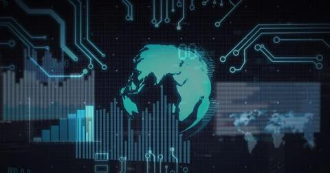 Image of globe, circuit board, data processing over statistics Stockfoto's
