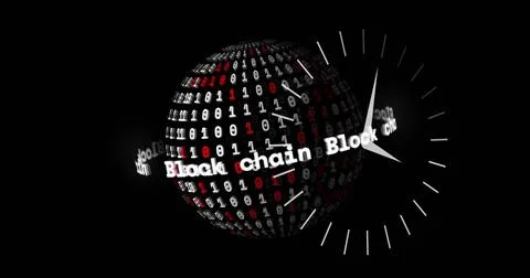 Image of globe with clock and block chain texts over binary coding 写真素材