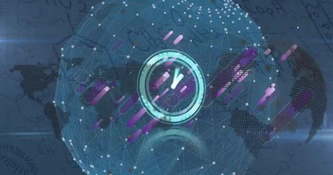 Image of globe, clock, purple shapes and connections over navy background Stock Illustration