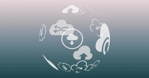 Image of globe with cloud computing icons on blue background Stock Photos