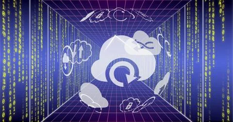 Image of globe with cloud icons and data processing over computer servers Stock Photos