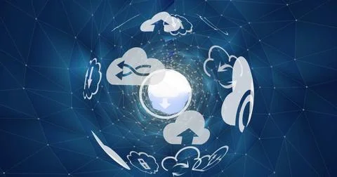 Image of globe with clouds and tech icons over digital space with connections Stock Illustration