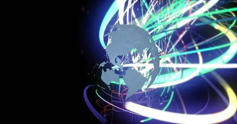 Image of globe with colorful light trails and digital network connections Stock Illustration