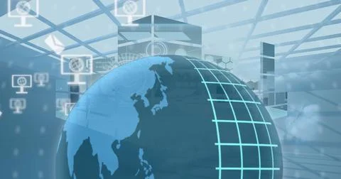 Image of globe on computer icons and data processing over globe Illustrazione stock