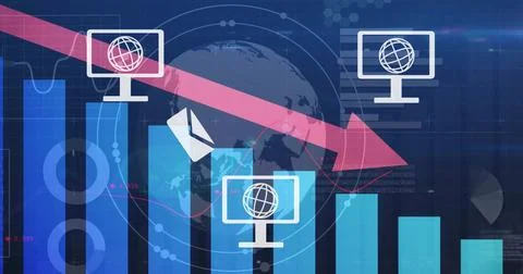 Image of globe in computer icons over arrow on falling graphs over globe and Stock Photos