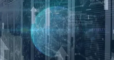 Image of globe, connected dots, up arrow, computer language, graphs over data Foto stock