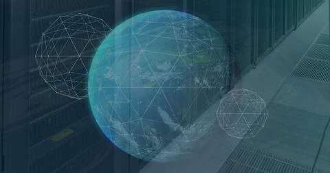 Image of globe, connected dots forming globes and programming language over data Stock-Fotos