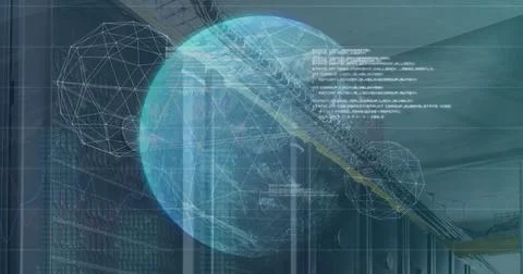 Image of globe, connected dots forming globes and programming language over data Stock-Fotos