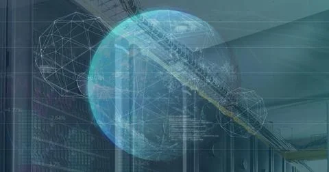 Image of globe, connected dots forming globes and programming language over data 写真素材