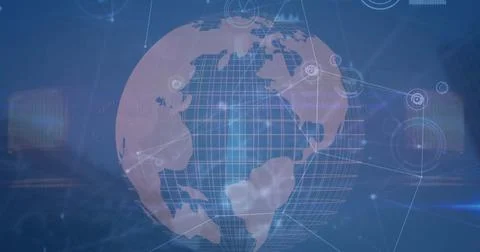 Image of globe with connected dots, graphs icons against abstract background Stock Photos