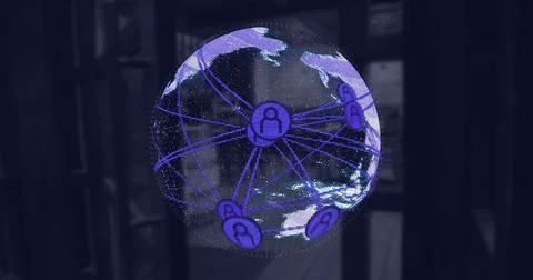 Image of globe with connected profile icons over entrance of empty coffee shop Ilustração Stock