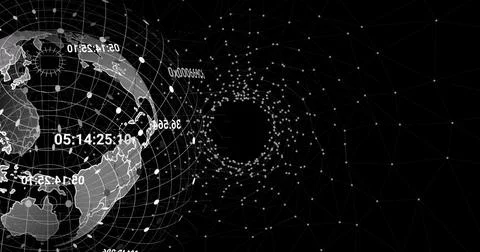 Image of globe with connections and coordinates over black digital space Illustrazione stock