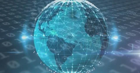 Image of globe of connections and data processing on black background Foto stock
