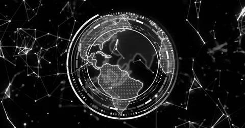 Image of globe with connections and data processing over black background 库存照片