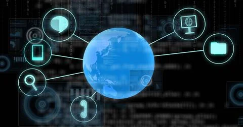 Image of globe with connections and data processing over black background 스톡 사진