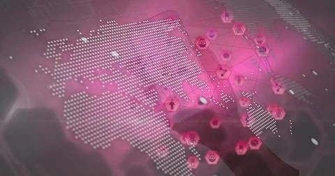 Image of globe, connections and data processing over pink background and hands Stock Photos