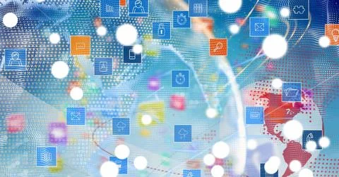 Image of globe, connections and tech icons over blue background Stock Illustration