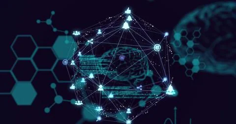 Image of globe of connections over data processing and icons on black background Illustrazione stock