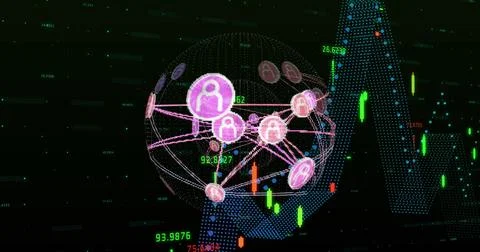 Image of globe of connections over data processing on black background Stock Photos