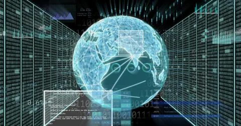 Image of globe with data charts and coding, representing global data processing Stock Illustration