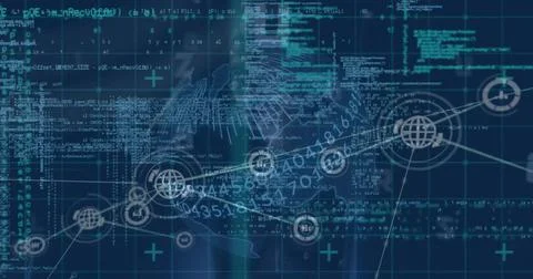 Image of globe with data processing and network of connections on black Illustrazione stock