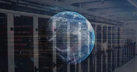 Image of globe, data processing and plexus networks against computer server room Stock Photos
