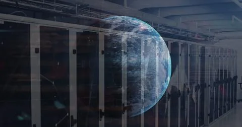 Image of globe, data processing and plexus networks against computer server room Stock Photos