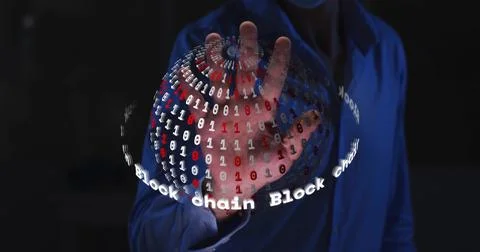 Image of globe with data processing and text over hand of caucasian man on black Foto stock