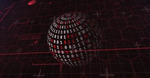 Image of globe with data processing on black background 写真素材