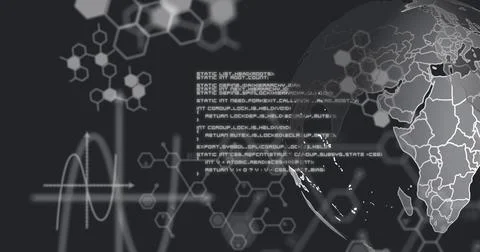 Image of globe with data processing over molecules on black background Stock Illustration