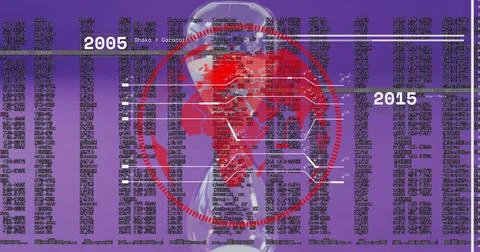 Image of globe with data processing over hourglass on purple background Stockillustratie