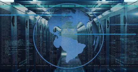 Image of globe with data processing over computer servers Illustrazione stock