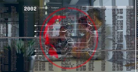Image of globe with data processing over business people working in office Foto stock
