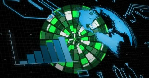 Image of globe with data processing over glowing shapes on black background Stock Photos