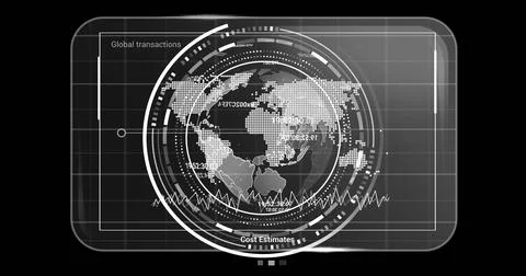 Image of globe with data processing over black background Foto stock