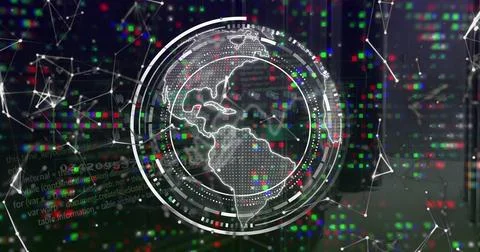 Image of globe with data processing over black background 库存照片