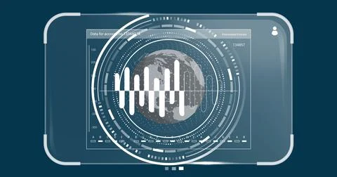 Image of globe with data processing over dark background 写真素材