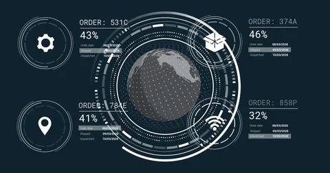 Image of globe with data processing over dark background 库存照片