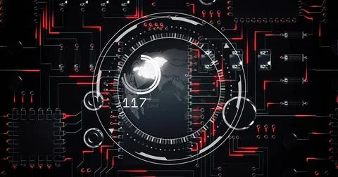 Image of globe with data processing over dark background 스톡 사진