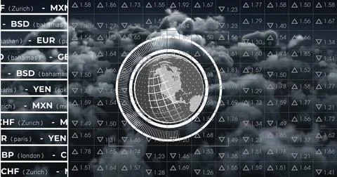 Image of globe with data processing over cloud background Stock Photos