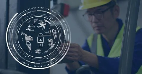 Image of globe with data processing over asian man using smartphone 写真素材