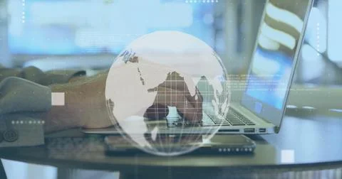Image of globe with data processing over caucasian man using laptop Foto stock