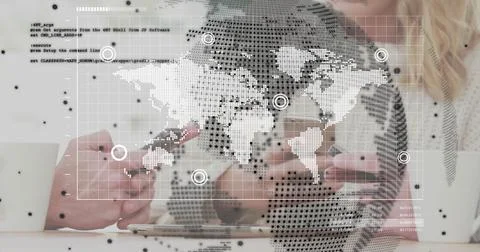 Image of globe with data processing over caucasian women using smartphone Stock Photos