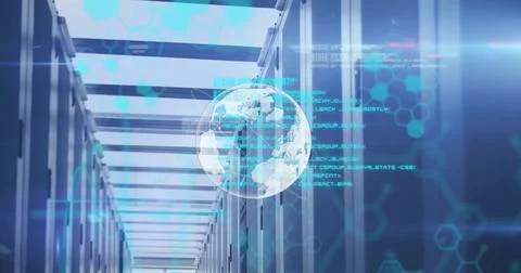 Image of globe with data processing over computer servers Stock Photos