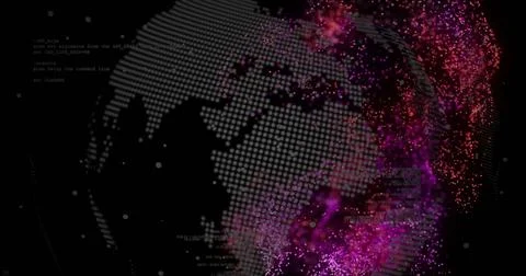 Image of globe with data processing over light spots on black background 스톡 사진