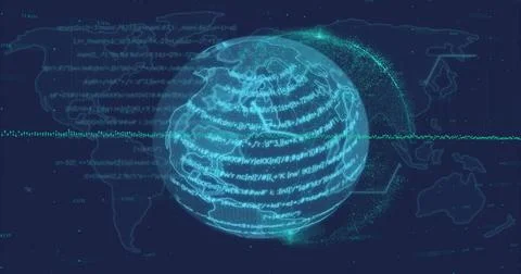 Image of globe with data processing over dark background Stock Photos