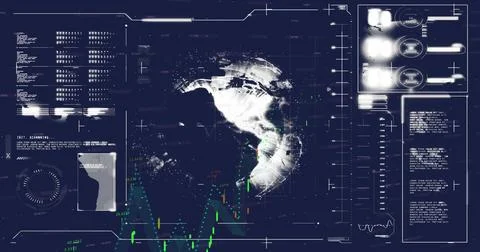 Image of globe with data processing over dark background Stock Photos