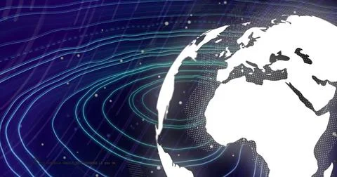 Image of globe with data processing over lines and light trails on black Foto stock